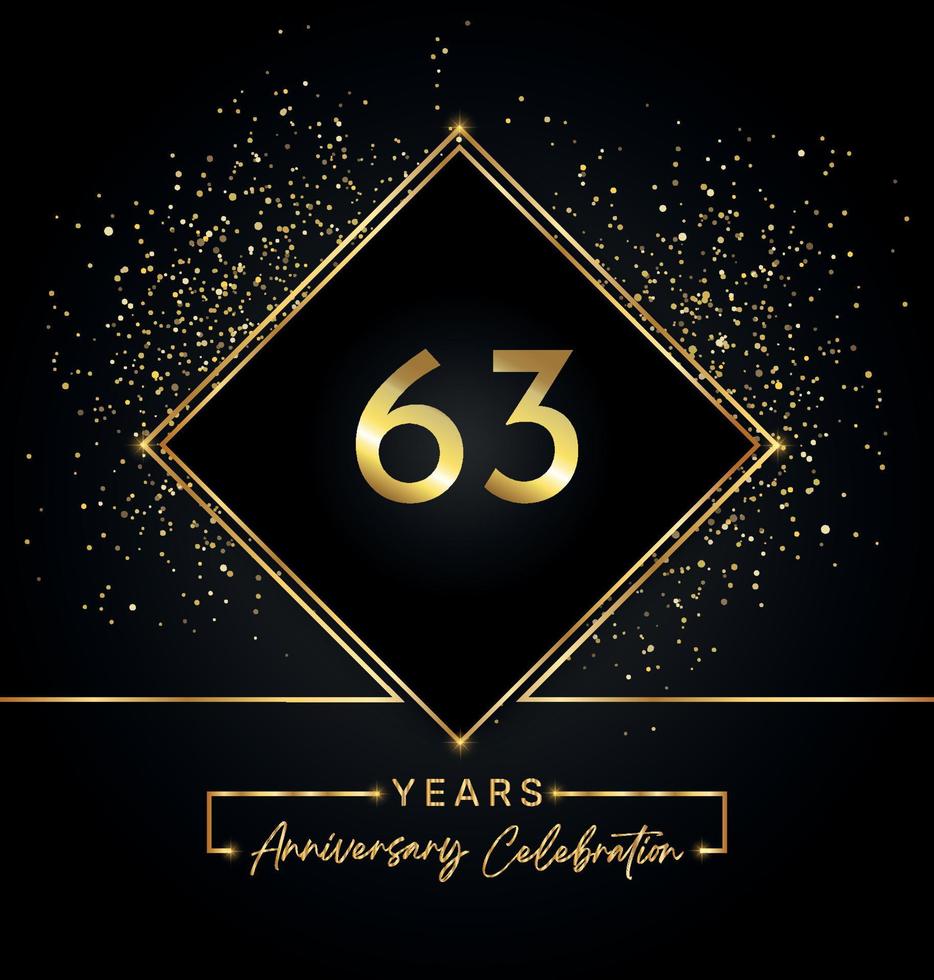 63 jaar Jubileumfeest met gouden frame en gouden Glitters op zwarte achtergrond. vectorontwerp voor wenskaart, verjaardagsfeestje, bruiloft, evenementfeest, uitnodiging. 63 jaar jubileumlogo. vector