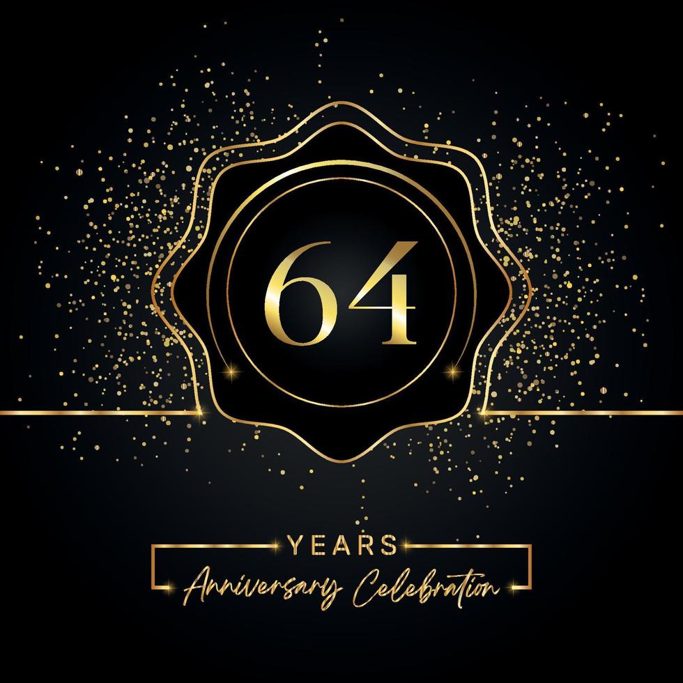 64 jaar Jubileumfeest met gouden ster frame geïsoleerd op zwarte achtergrond. vectorontwerp voor wenskaart, verjaardagsfeestje, bruiloft, evenementfeest, uitnodigingskaart. 64 jaar jubileumlogo. vector