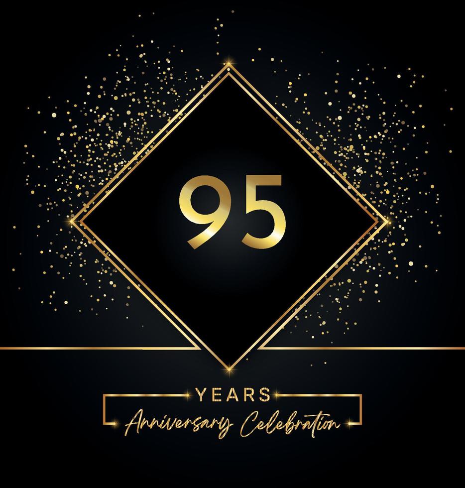 95 jaar Jubileumfeest met gouden frame en gouden Glitters op zwarte achtergrond. 95 jaar jubileumlogo. vectorontwerp voor wenskaart, verjaardagsfeestje, bruiloft, evenementfeest, uitnodiging. vector