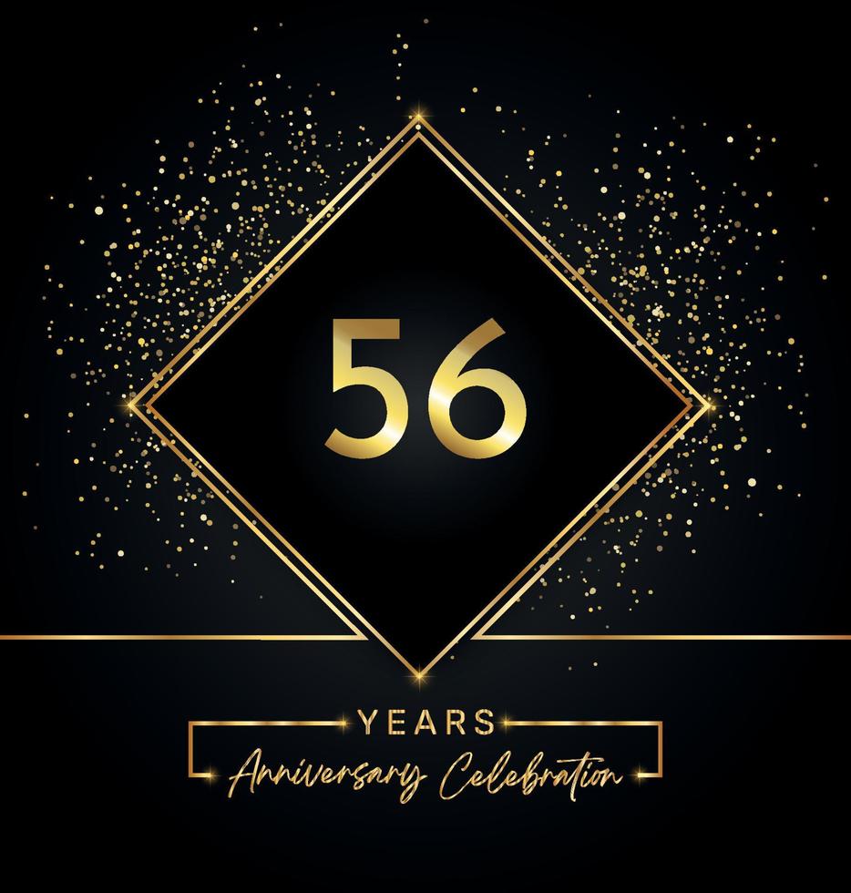 56 jaar Jubileumfeest met gouden frame en gouden Glitters op zwarte achtergrond. vectorontwerp voor wenskaart, verjaardagsfeestje, bruiloft, evenementfeest, uitnodiging. 56 jaar jubileumlogo. vector