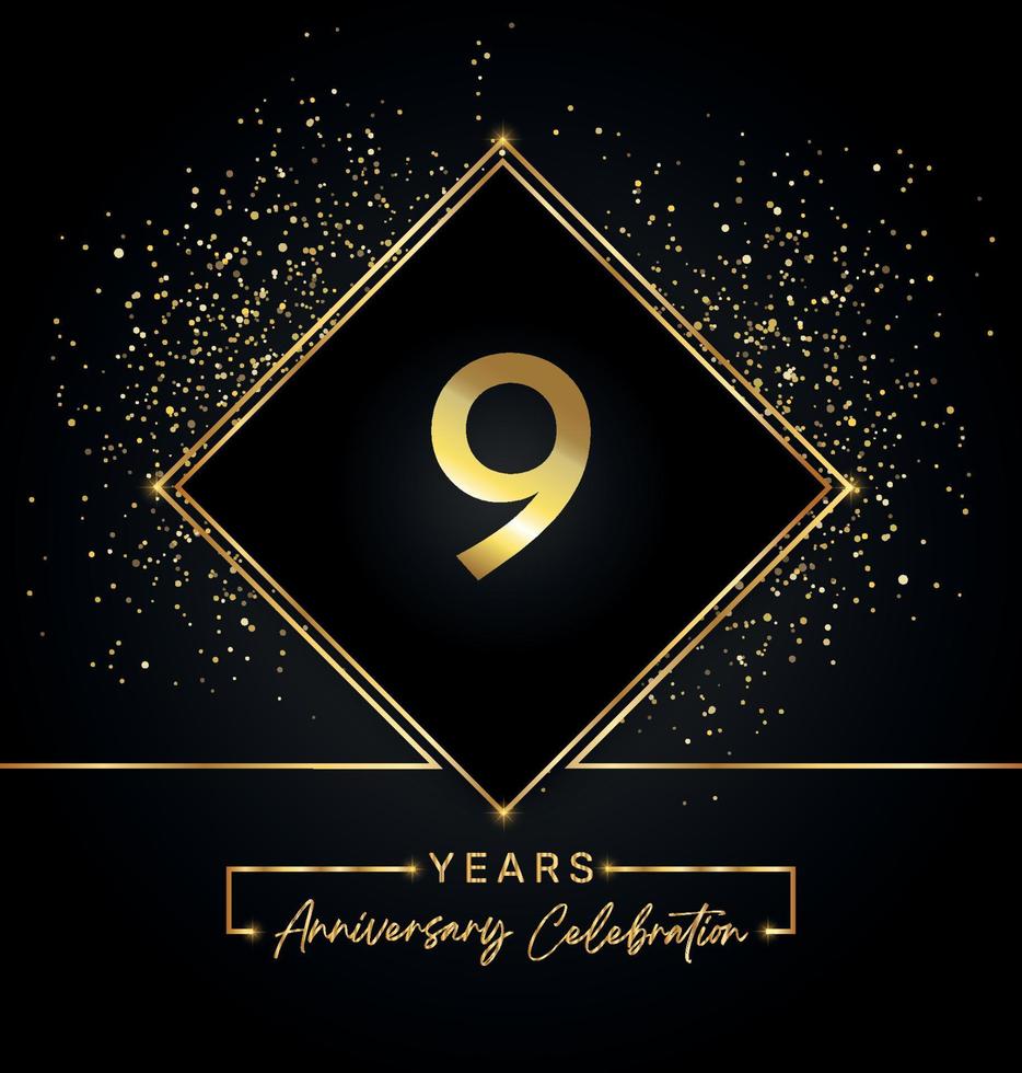 9 jaar Jubileumfeest met gouden frame en gouden Glitters op zwarte achtergrond. vectorontwerp voor wenskaart, verjaardagsfeestje, bruiloft, evenementfeest, uitnodiging. 9 jaar jubileumlogo. vector