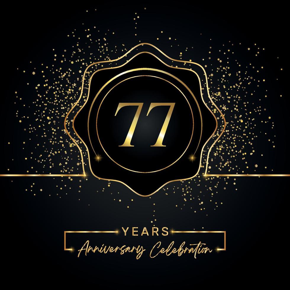 77 jaar Jubileumfeest met gouden ster frame geïsoleerd op zwarte achtergrond. vectorontwerp voor wenskaart, verjaardagsfeestje, bruiloft, evenementfeest, uitnodigingskaart. 77 jaar jubileumlogo. vector