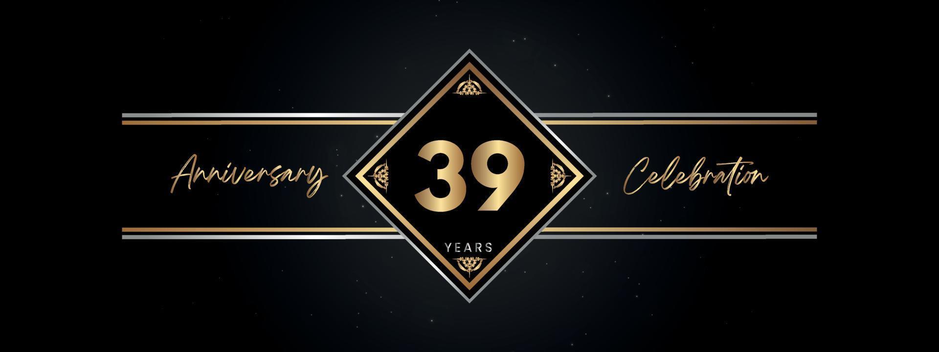 39 jaar gouden jubileumkleur met Decoratief frame geïsoleerd op zwarte achtergrond voor jubileumfeest, verjaardagsfeestje, brochure, wenskaart. 39 jarig jubileum sjabloonontwerp vector