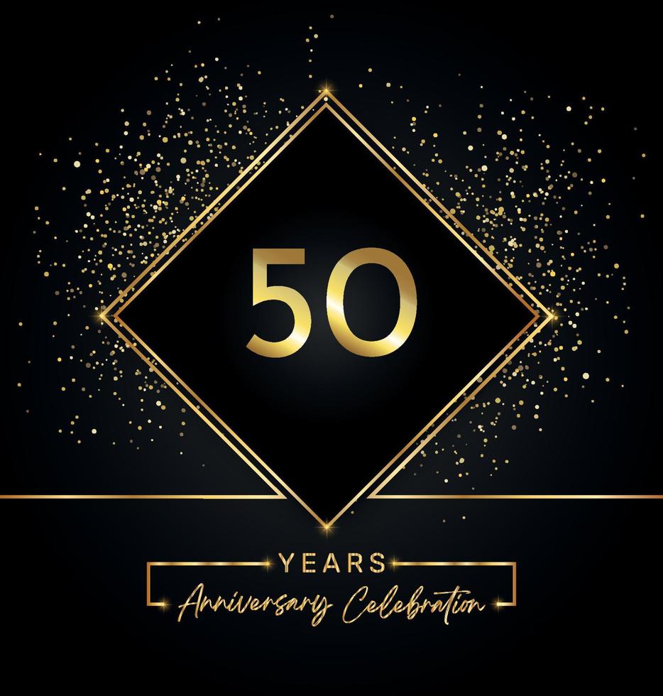 50 jaar Jubileumfeest met gouden frame en gouden Glitters op zwarte achtergrond. vectorontwerp voor wenskaart, verjaardagsfeestje, bruiloft, evenementfeest, uitnodiging. 50 jaar jubileumlogo. vector