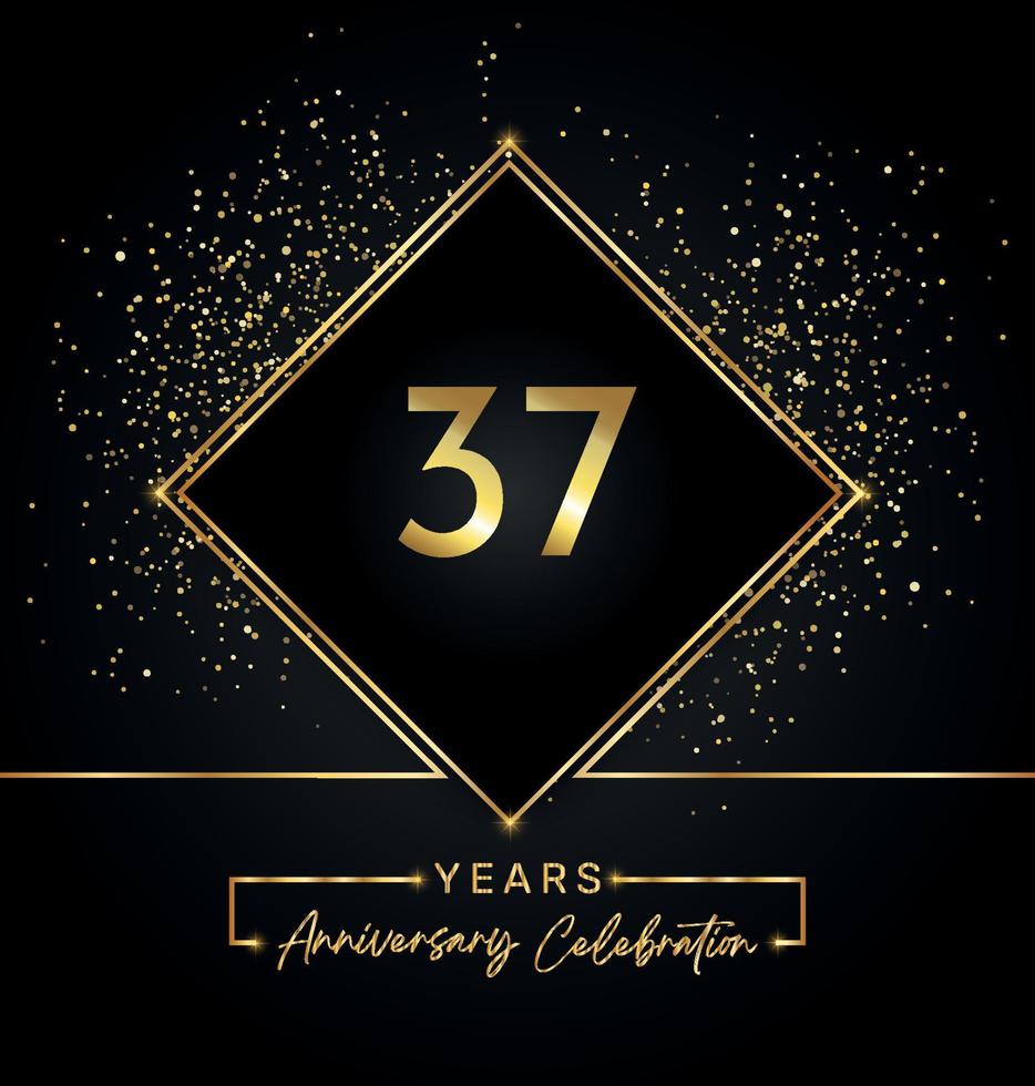 37 jaar Jubileumfeest met gouden frame en gouden Glitters op zwarte achtergrond. vectorontwerp voor wenskaart, verjaardagsfeestje, bruiloft, evenementfeest, uitnodiging. 37 jaar jubileumlogo. vector