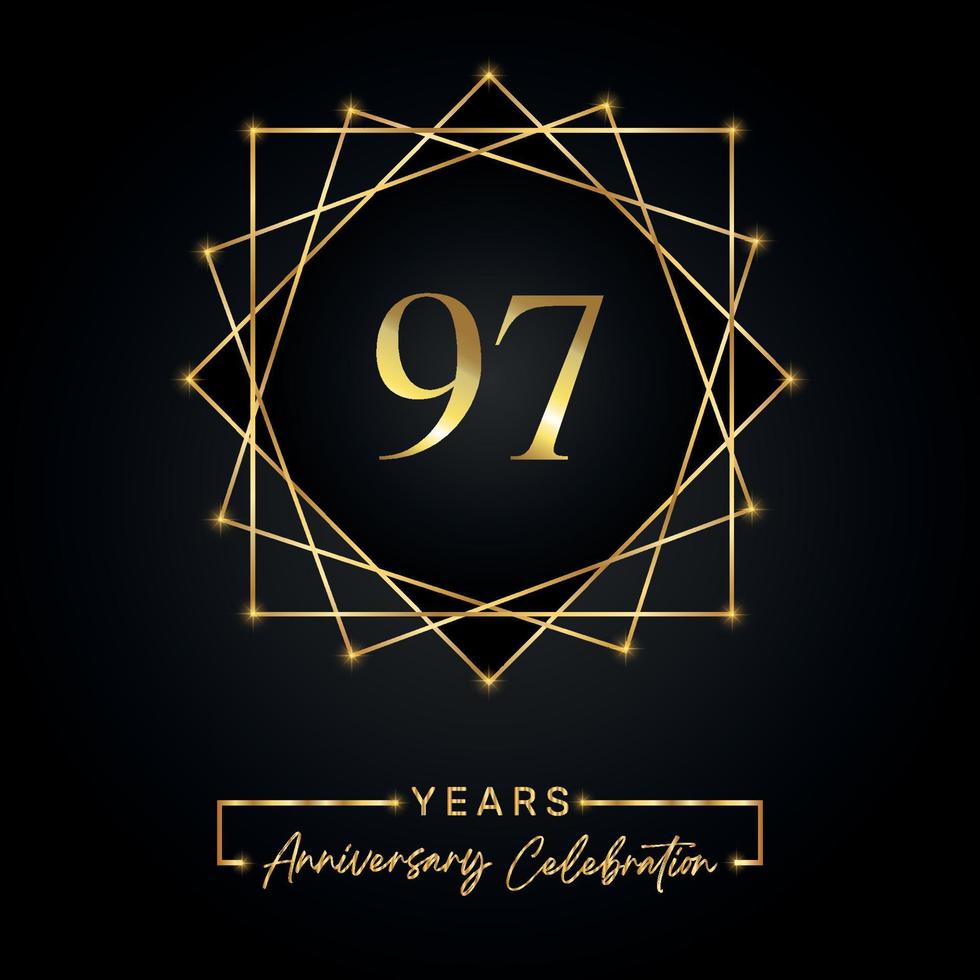 97 jaar jubileumviering ontwerp. 97 verjaardagslogo met gouden frame geïsoleerd op zwarte achtergrond. vectorontwerp voor jubileumfeest, verjaardagsfeestje, wenskaart. vector