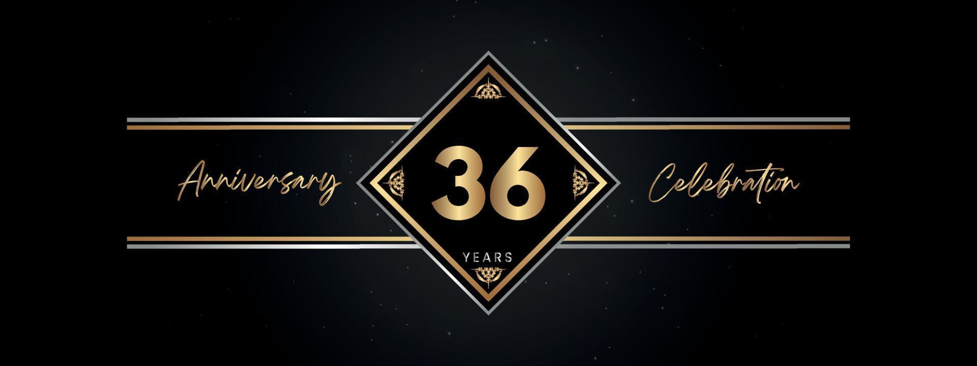 36 jaar gouden jubileumkleur met Decoratief frame geïsoleerd op zwarte achtergrond voor jubileumfeest, verjaardagsfeestje, brochure, wenskaart. 36 jarig jubileum sjabloonontwerp vector