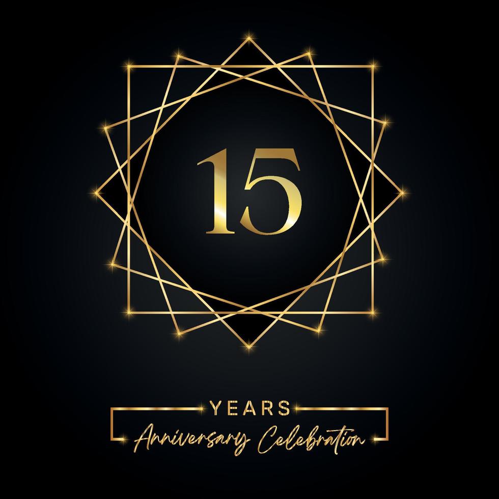 15 jaar jubileumviering ontwerp. 15 verjaardagslogo met gouden frame geïsoleerd op zwarte achtergrond. vectorontwerp voor jubileumfeest, verjaardagsfeestje, wenskaart. vector