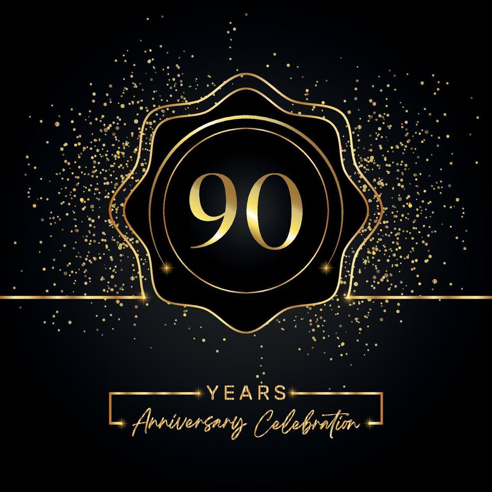 90 jaar Jubileumfeest met gouden ster frame geïsoleerd op zwarte achtergrond. vectorontwerp voor wenskaart, verjaardagsfeestje, bruiloft, evenementfeest, uitnodigingskaart. 90 jaar jubileumlogo. vector