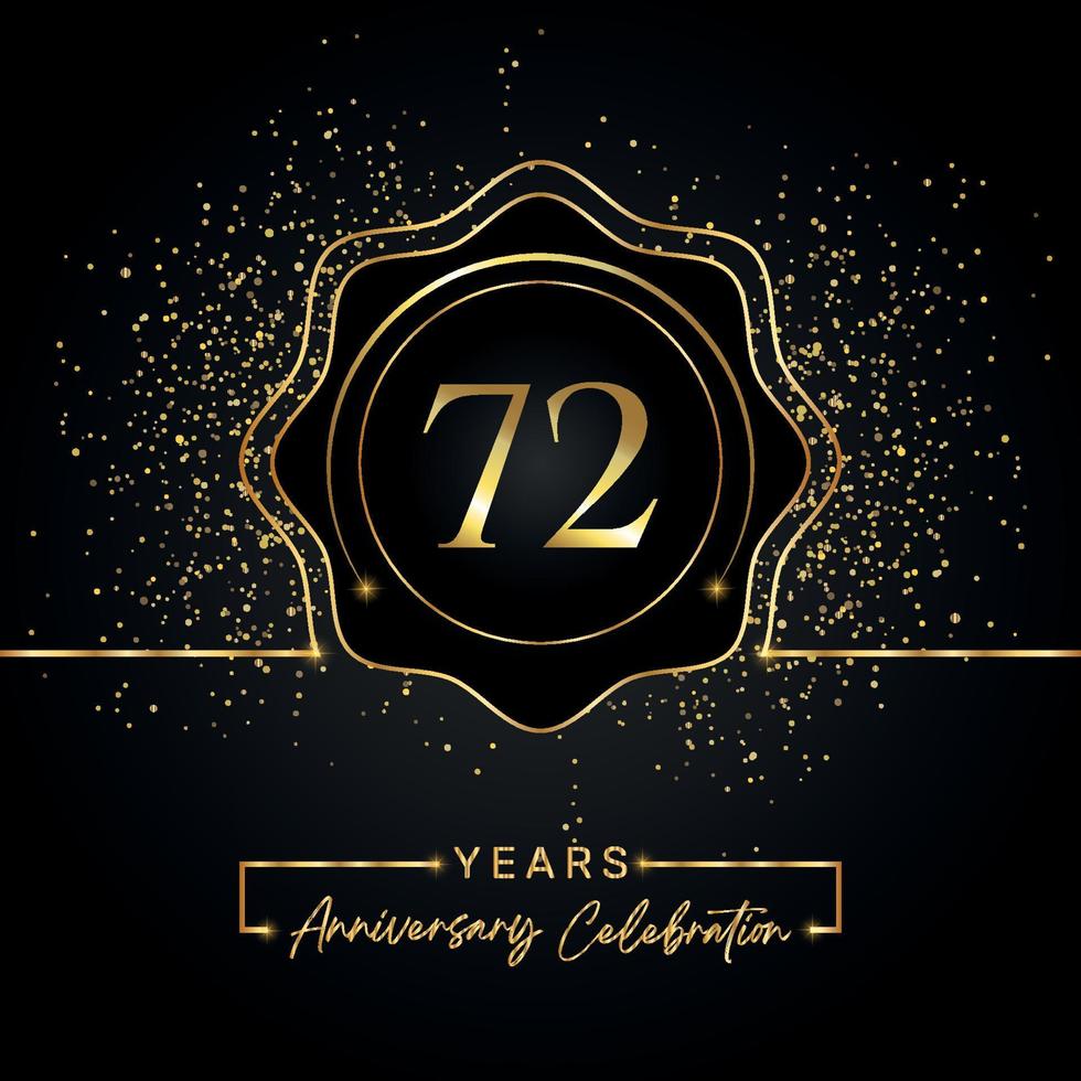 72 jaar Jubileumfeest met gouden ster frame geïsoleerd op zwarte achtergrond. vectorontwerp voor wenskaart, verjaardagsfeestje, bruiloft, evenementfeest, uitnodigingskaart. 72 jaar jubileumlogo. vector