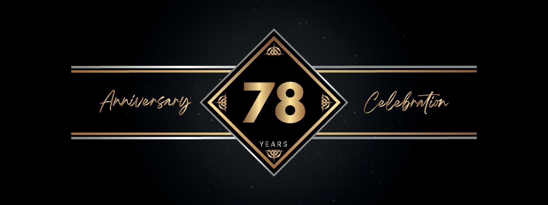 78 jaar gouden jubileumkleur met Decoratief frame geïsoleerd op zwarte achtergrond voor jubileumfeest, verjaardagsfeestje, brochure, wenskaart. 78-jarig jubileum sjabloonontwerp vector