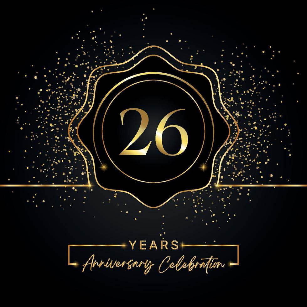 26 jaar Jubileumfeest met gouden ster frame geïsoleerd op zwarte achtergrond. vectorontwerp voor wenskaart, verjaardagsfeestje, bruiloft, evenementfeest, uitnodigingskaart. 26 jaar jubileumlogo. vector