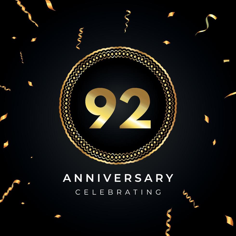 92 jaar Jubileumfeest met cirkelframe en gouden confetti geïsoleerd op zwarte achtergrond. vectorontwerp voor wenskaart, verjaardagsfeestje, bruiloft, evenementfeest. 92 jaar jubileumlogo. vector