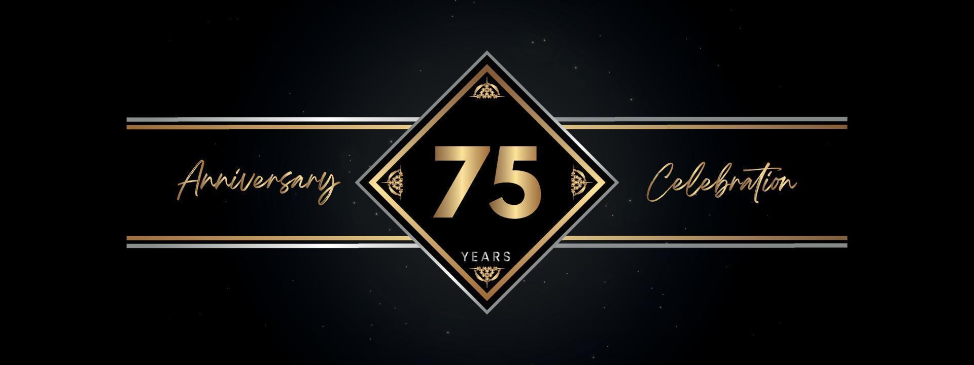 75 jaar gouden jubileumkleur met Decoratief frame geïsoleerd op zwarte achtergrond voor jubileumfeest, verjaardagsfeestje, brochure, wenskaart. Sjabloonontwerp 75 jaar jubileum vector