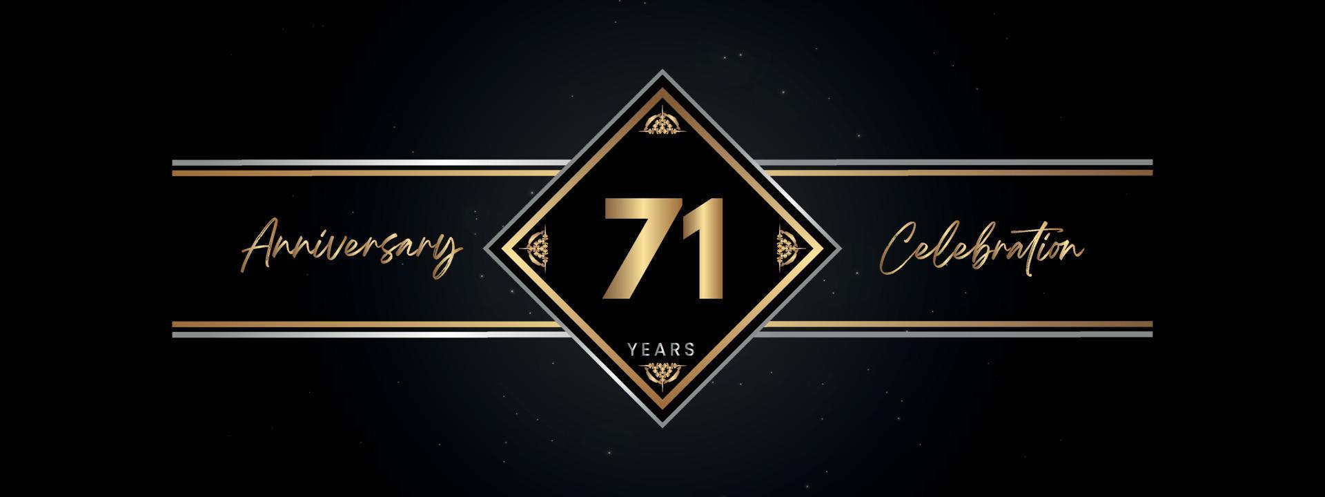 71 jaar gouden jubileumkleur met Decoratief frame geïsoleerd op zwarte achtergrond voor jubileumfeest, verjaardagsfeestje, brochure, wenskaart. Sjabloonontwerp 71 jaar jubileum vector