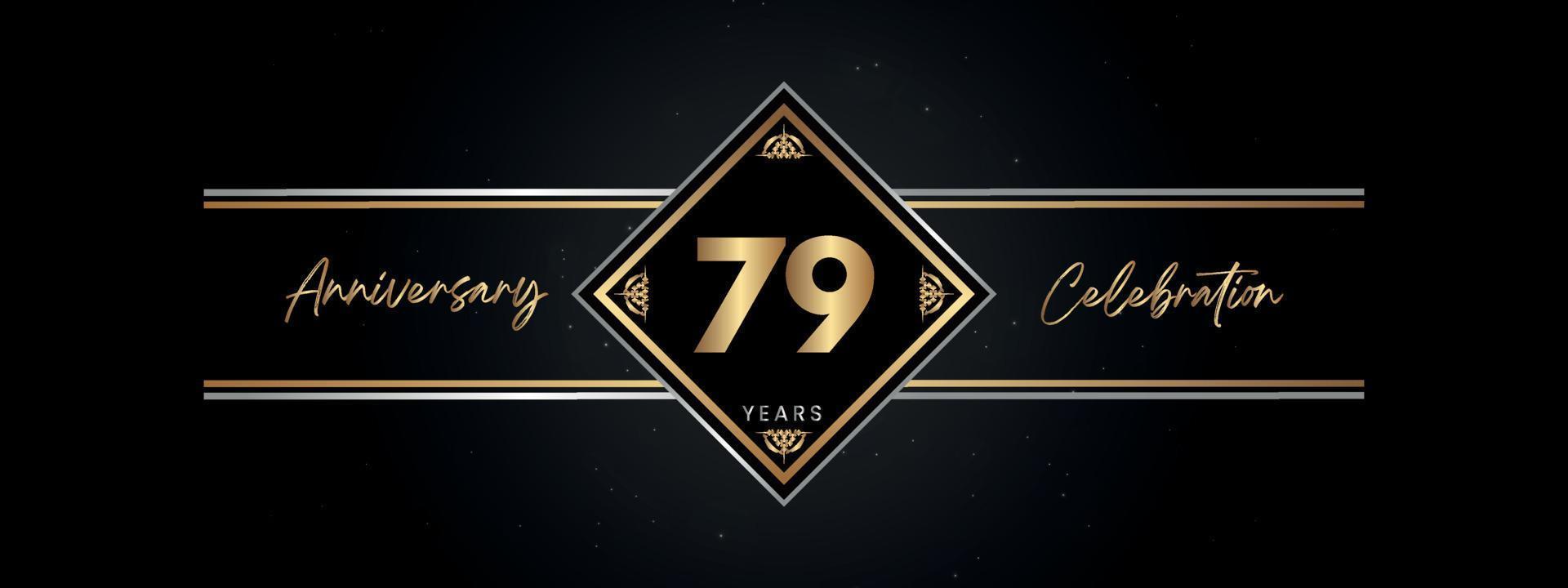 79 jaar gouden jubileumkleur met Decoratief frame geïsoleerd op zwarte achtergrond voor jubileumfeest, verjaardagsfeestje, brochure, wenskaart. 79-jarig jubileum sjabloonontwerp vector