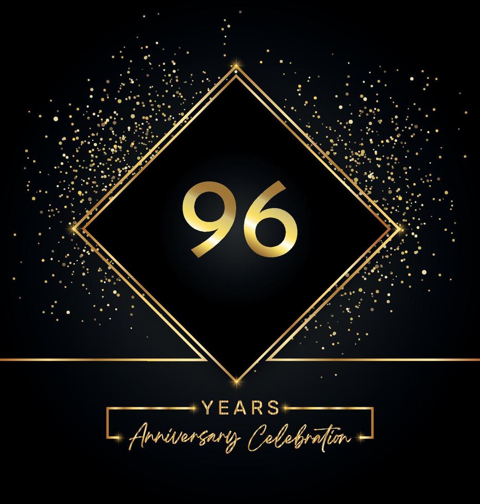 96 jaar Jubileumfeest met gouden frame en gouden Glitters op zwarte achtergrond. vectorontwerp voor wenskaart, verjaardagsfeestje, bruiloft, evenementfeest, uitnodiging. 96 jaar jubileumlogo. vector