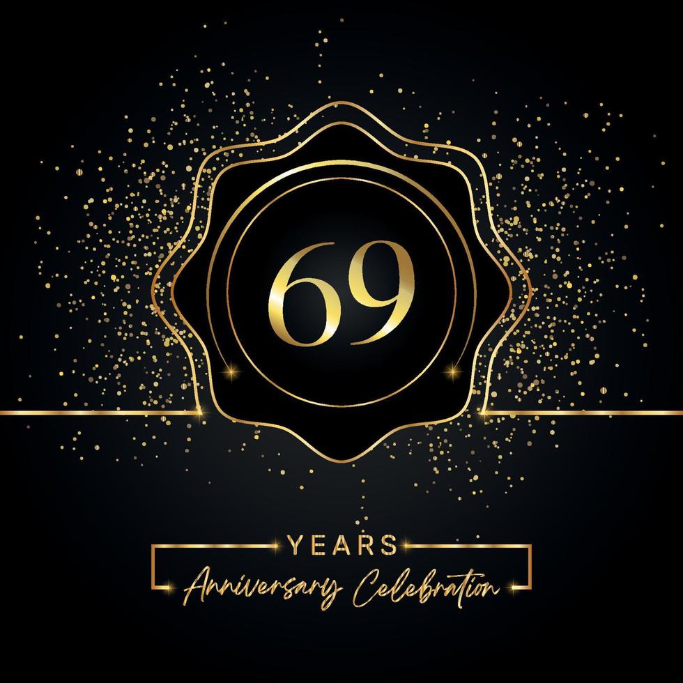 69 jaar Jubileumfeest met gouden ster frame geïsoleerd op zwarte achtergrond. vectorontwerp voor wenskaart, verjaardagsfeestje, bruiloft, evenementfeest, uitnodigingskaart. 69 jaar jubileumlogo. vector