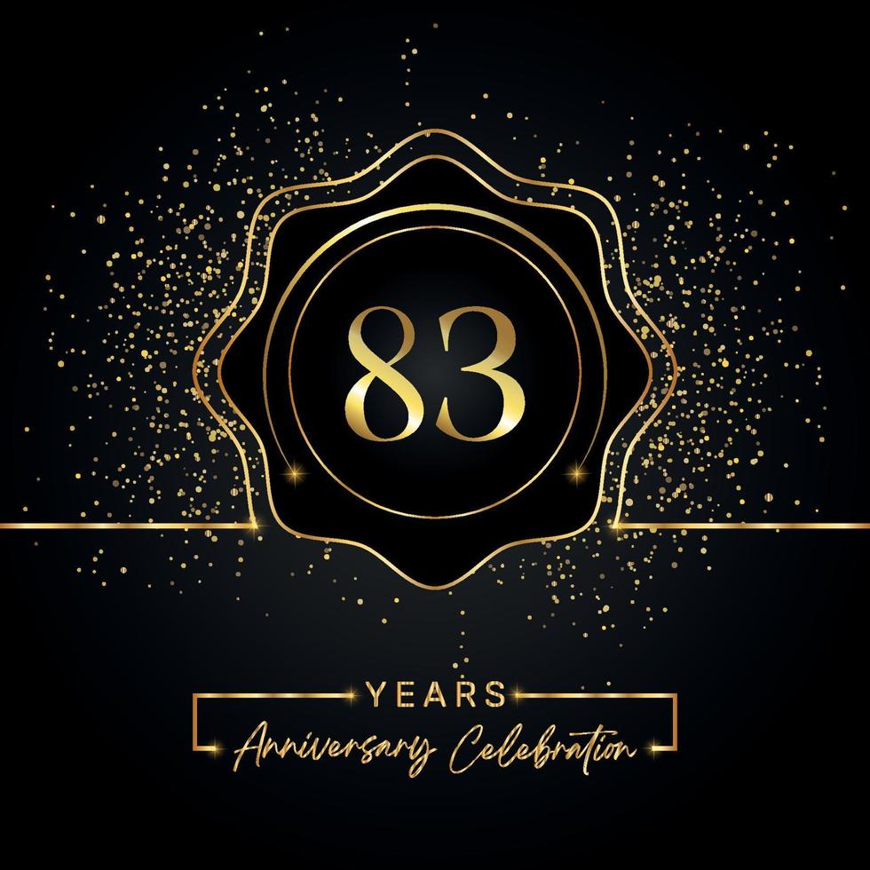 83 jaar Jubileumfeest met gouden ster frame geïsoleerd op zwarte achtergrond. vectorontwerp voor wenskaart, verjaardagsfeestje, bruiloft, evenementfeest, uitnodigingskaart. 83 jaar jubileumlogo. vector