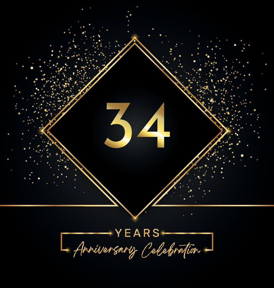 34 jaar Jubileumfeest met gouden frame en gouden Glitters op zwarte achtergrond. vectorontwerp voor wenskaart, verjaardagsfeestje, bruiloft, evenementfeest, uitnodiging. 34 jaar jubileumlogo. vector