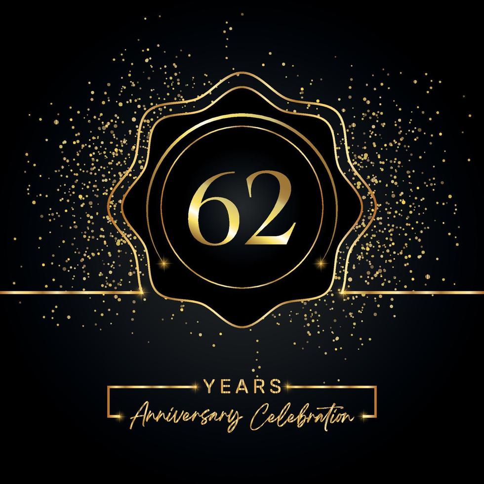 62 jaar Jubileumfeest met gouden ster frame geïsoleerd op zwarte achtergrond. vectorontwerp voor wenskaart, verjaardagsfeestje, bruiloft, evenementfeest, uitnodigingskaart. 62 jaar jubileumlogo. vector