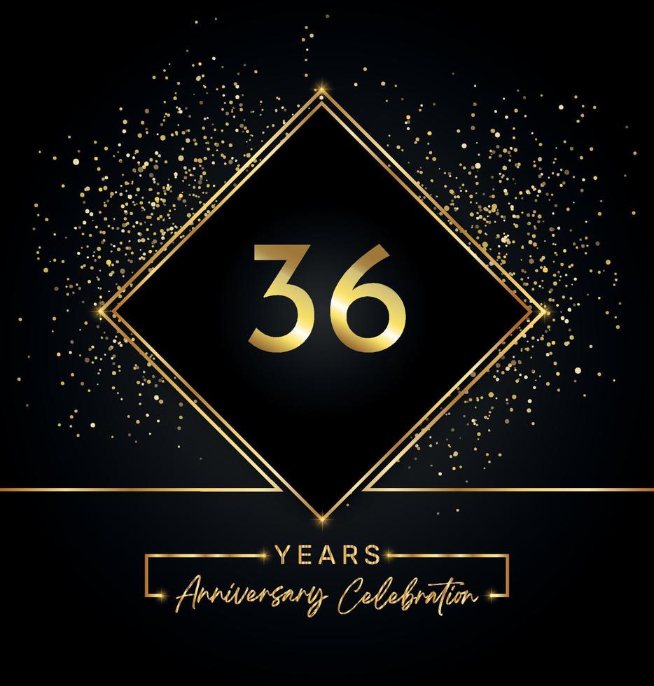 36 jaar Jubileumfeest met gouden frame en gouden Glitters op zwarte achtergrond. vectorontwerp voor wenskaart, verjaardagsfeestje, bruiloft, evenementfeest, uitnodiging. 36 jaar jubileumlogo. vector