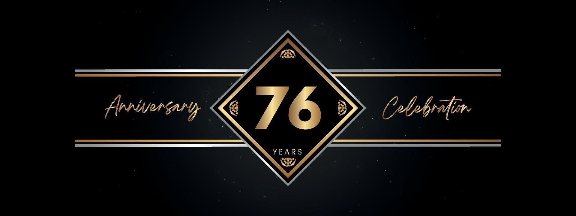 76 jaar gouden jubileumkleur met Decoratief frame geïsoleerd op zwarte achtergrond voor jubileumfeest, verjaardagsfeestje, brochure, wenskaart. Sjabloonontwerp 76-jarig jubileum vector