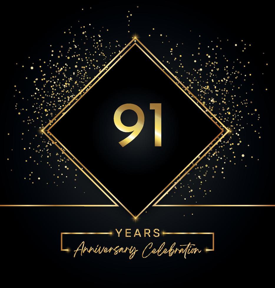 91 jaar Jubileumfeest met gouden frame en gouden Glitters op zwarte achtergrond. 91 jaar jubileumlogo. vectorontwerp voor wenskaart, verjaardagsfeestje, bruiloft, evenementfeest, uitnodiging. vector