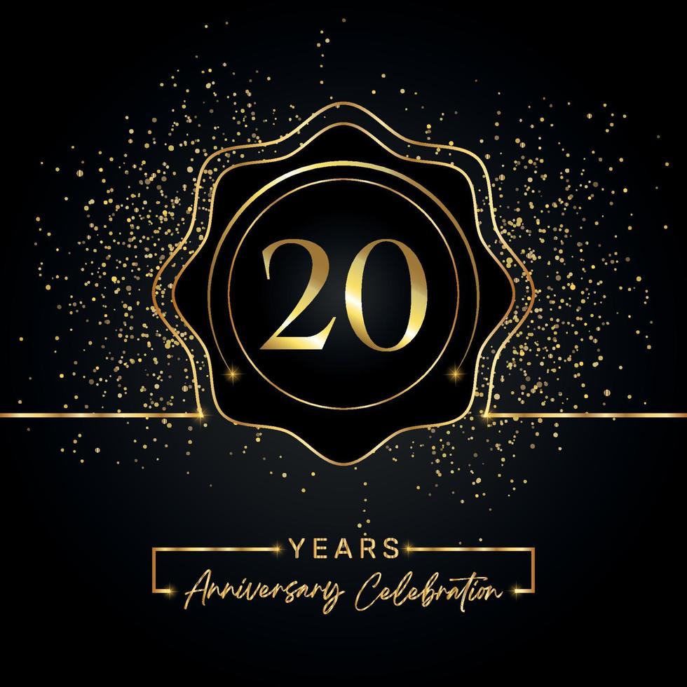 20 jaar Jubileumfeest met gouden ster frame geïsoleerd op zwarte achtergrond. vectorontwerp voor wenskaart, verjaardagsfeestje, bruiloft, evenementfeest, uitnodigingskaart. 20 jaar jubileumlogo. vector