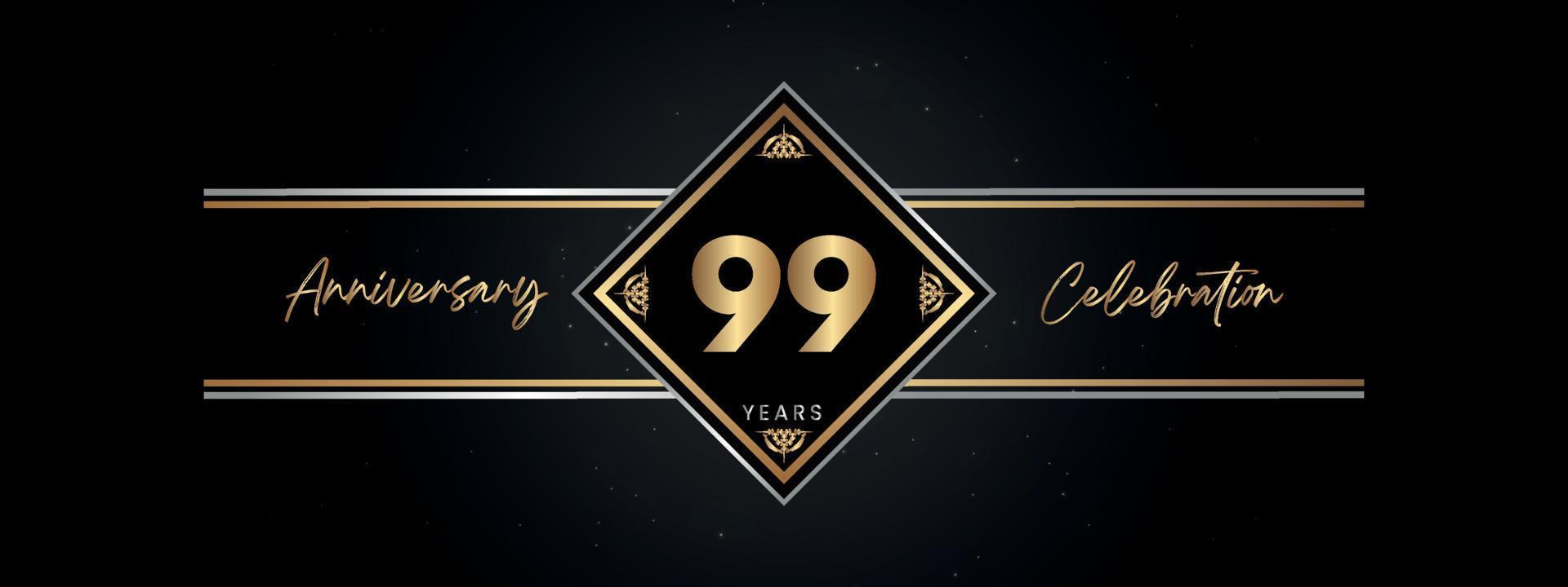 99 jaar jubileum gouden kleur met Decoratief frame geïsoleerd op zwarte achtergrond voor jubileumfeest, verjaardagsfeestje, brochure, wenskaart. Sjabloonontwerp 99 jaar jubileum vector