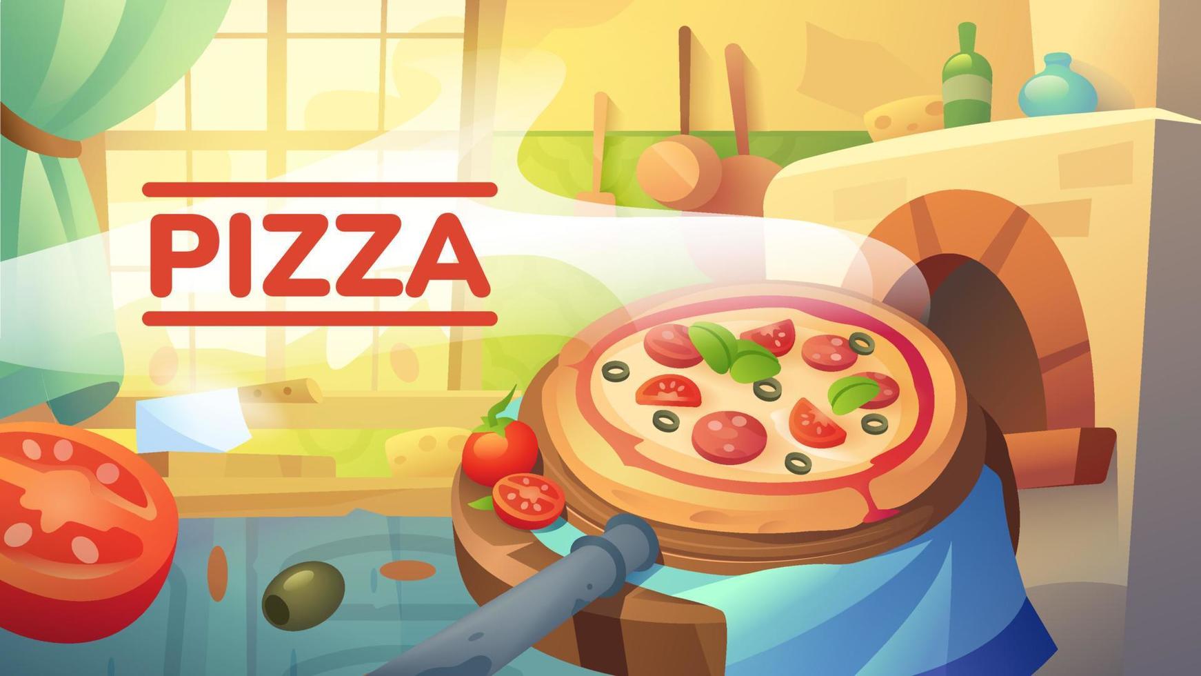 cartoon illustratie van pizza bij de kachel vector