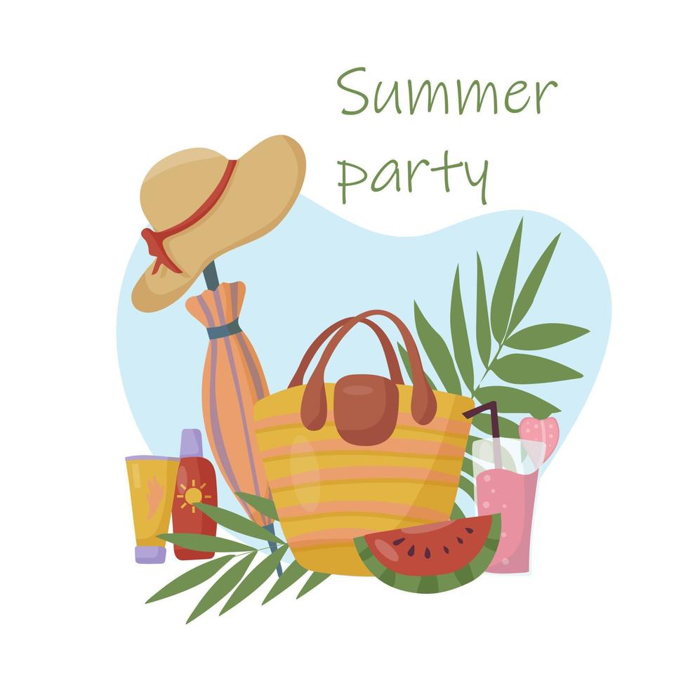 geniet van de zomertijd. set met spullen voor een strandfeestje met een fruitige cocktail tegen een achtergrond van palmbladeren vector