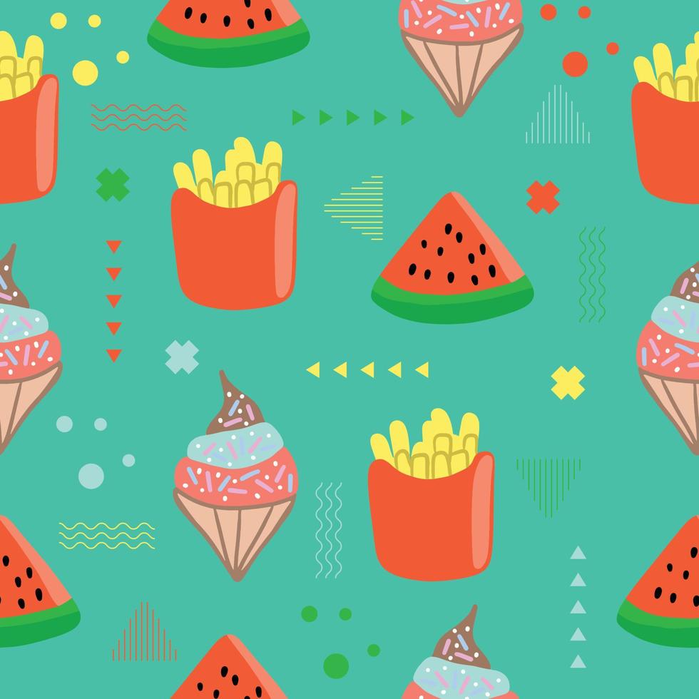 schattig chibi voedsel naadloze patroon memphis doodle voor kinderen en baby kawaii cartoon premium vector