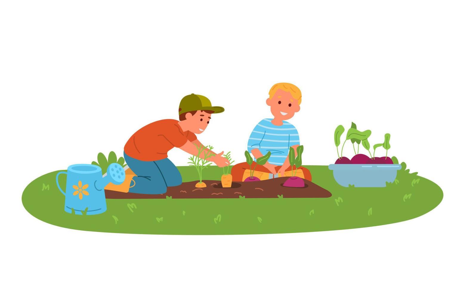twee kleine jongens die groenten, wortel en bieten oogsten in de tuin platte vectorillustratie. vector