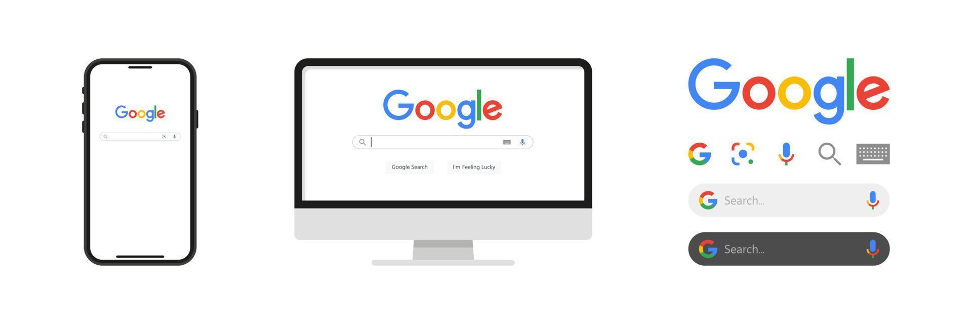 google zoekbalk met logo. desktop en mobiele browser mockup. reeks zoekhulpmiddelen. vinnytsia, oekraïne - 12 mei 2022 vector