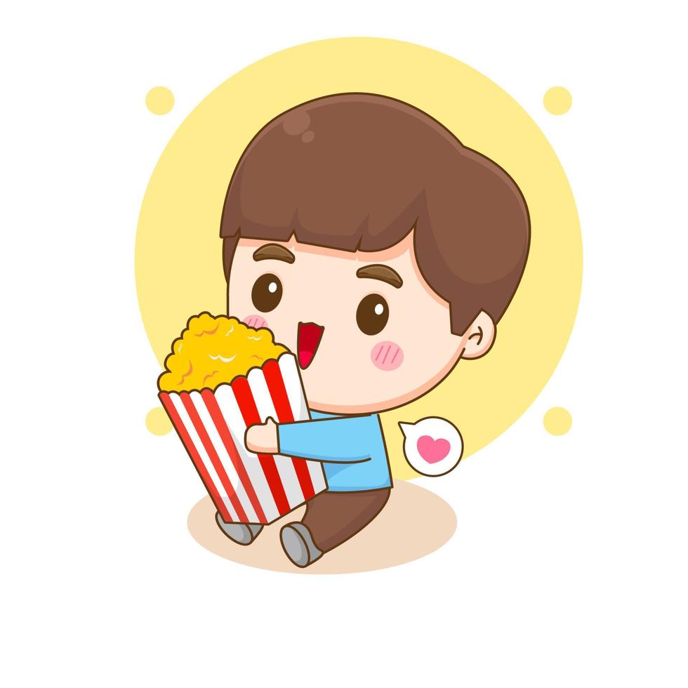 leuke gelukkige jongen die popcorn eet. chibi stripfiguur. vector kunst illustratie