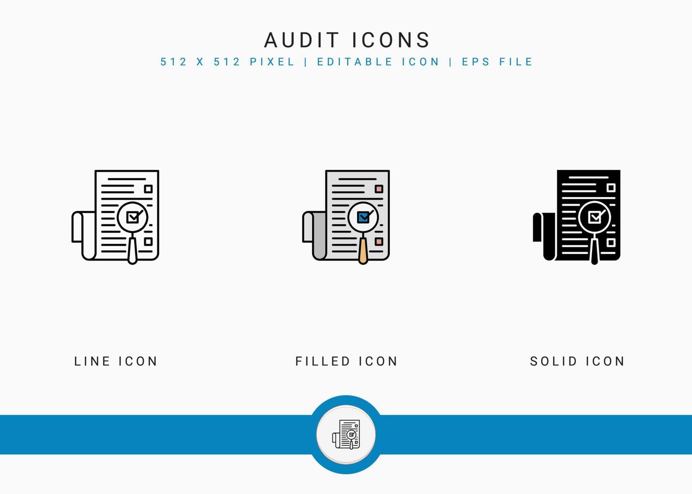 audit pictogrammen instellen vectorillustratie met solide pictogram lijnstijl. financieel overzicht controleconcept. bewerkbaar slagpictogram op geïsoleerde achtergrond voor webdesign, infographic en ui mobiele app. vector