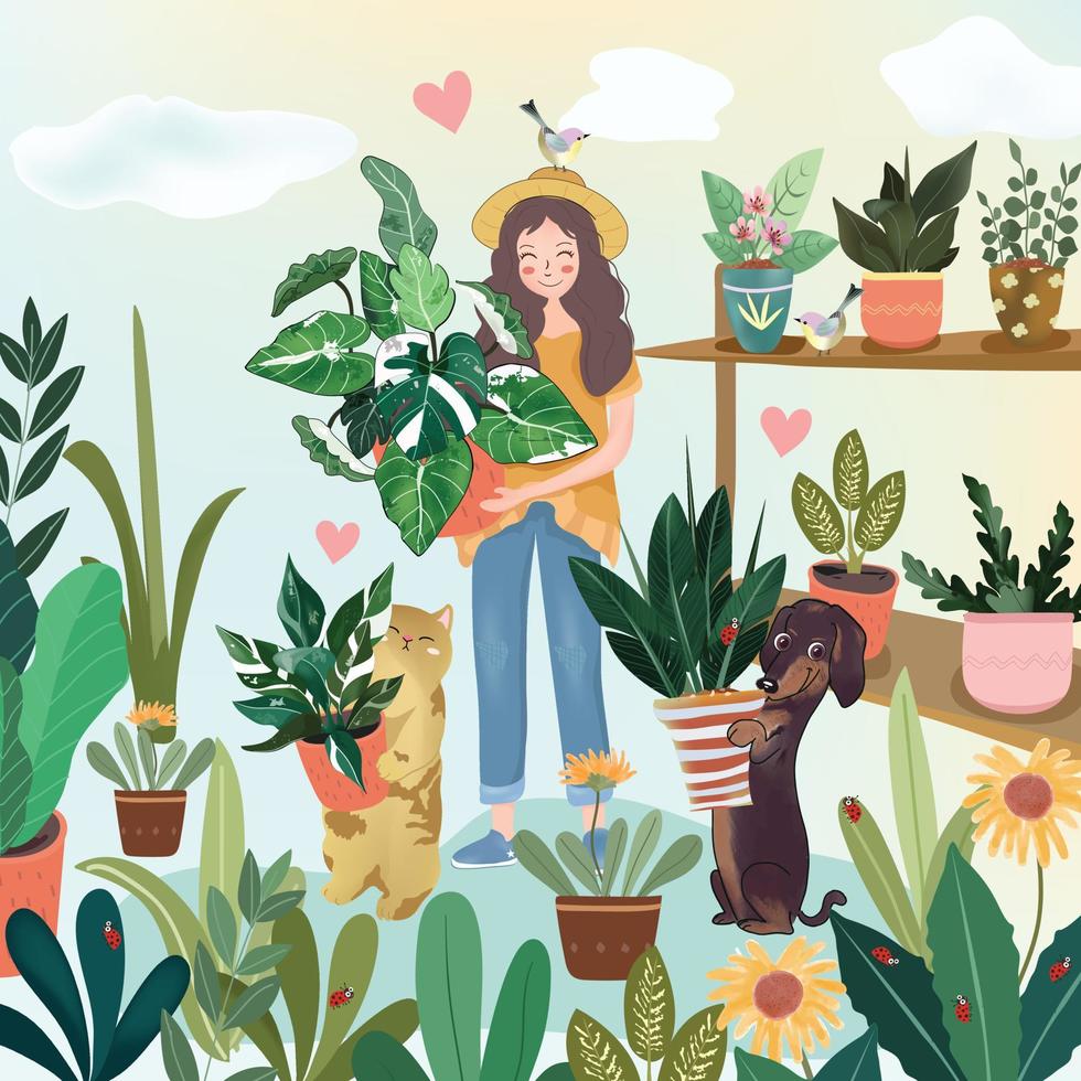 leuke vrouw en haar huisdier met prachtige planten vector