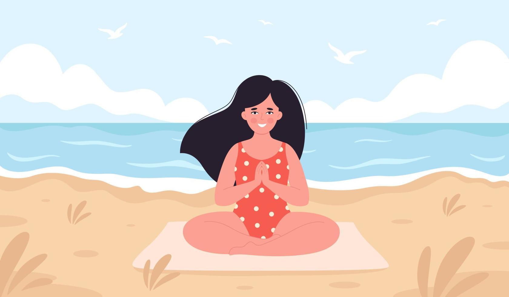 vrouw mediteren op het strand. hallo zomer, zomer vrije tijd, vakantie vector