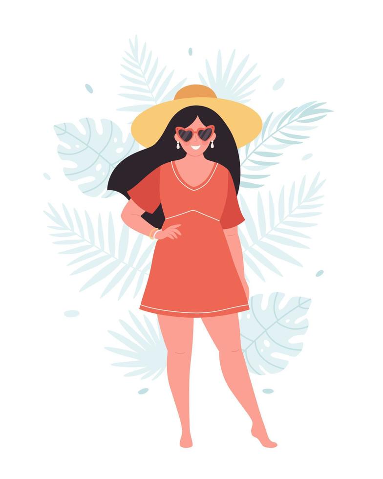 vrouw in hoed en retro bril op tropische bladeren achtergrond. hallo zomer, zomer, vakantie vector