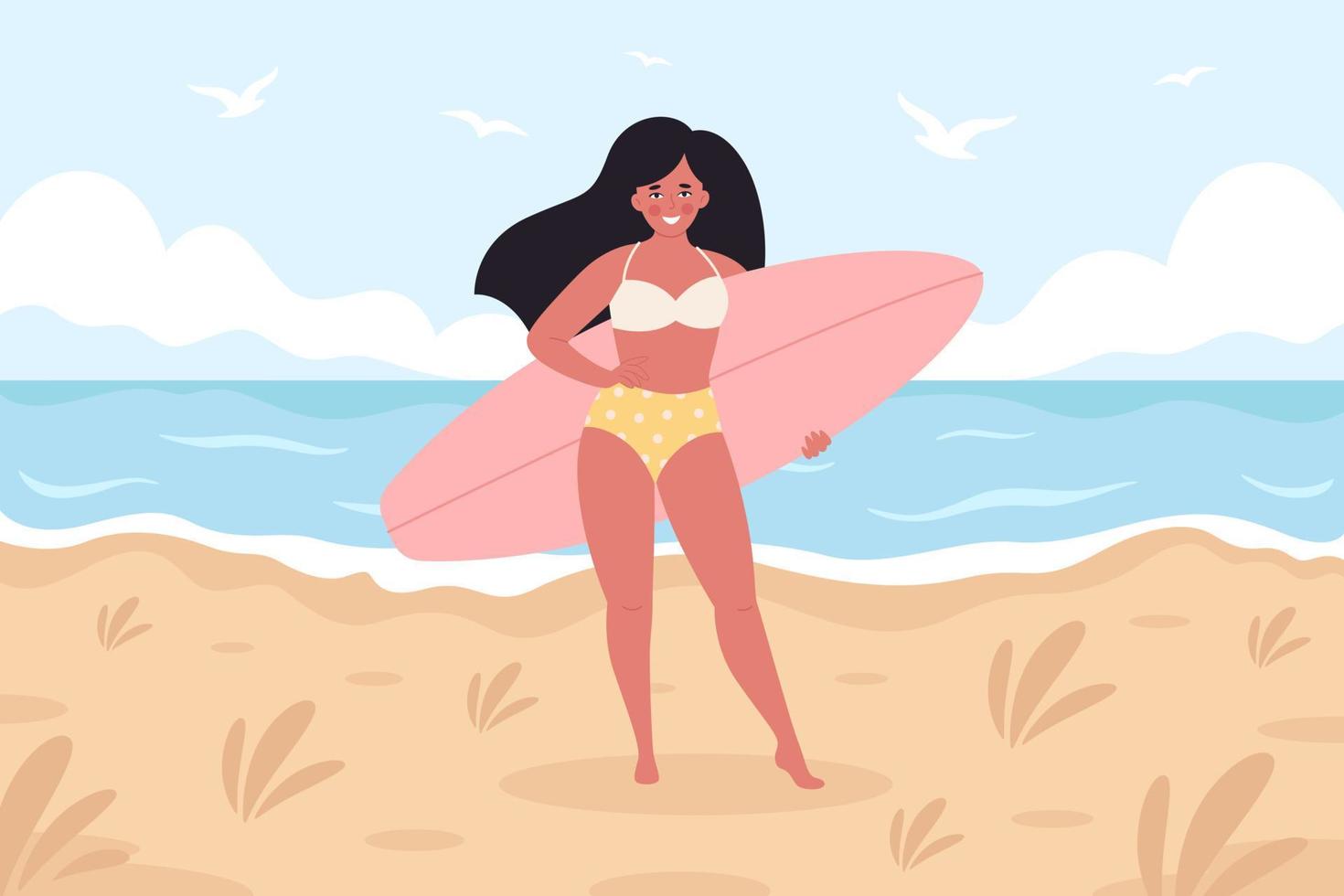 vrouw met surfplank op het strand. zomeractiviteit, zomer, surfen. Hallo zomer. zomervakantie vector