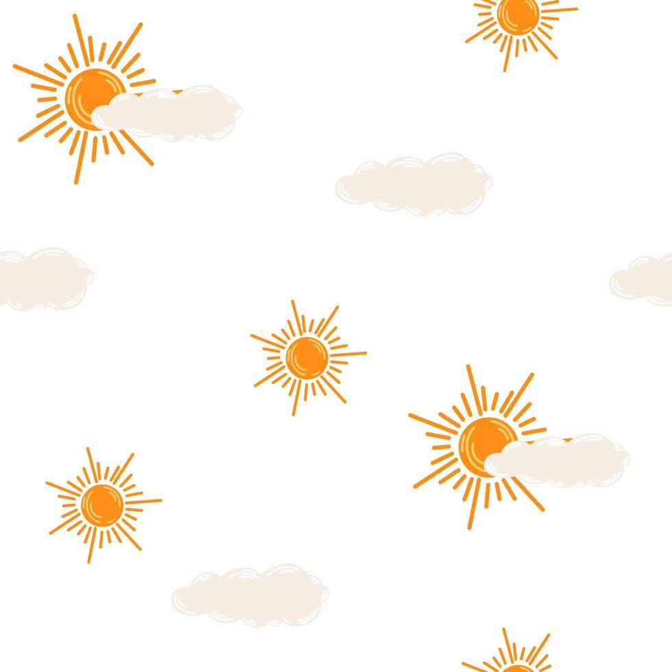 zon met een naadloos wolkenpatroon. weervoorspelling. meteorologisch. bewolkt weer perfect voor kaarten, posters, banners, textiel, behang en scrapbooking. vector hand tekenen illustratie geïsoleerd