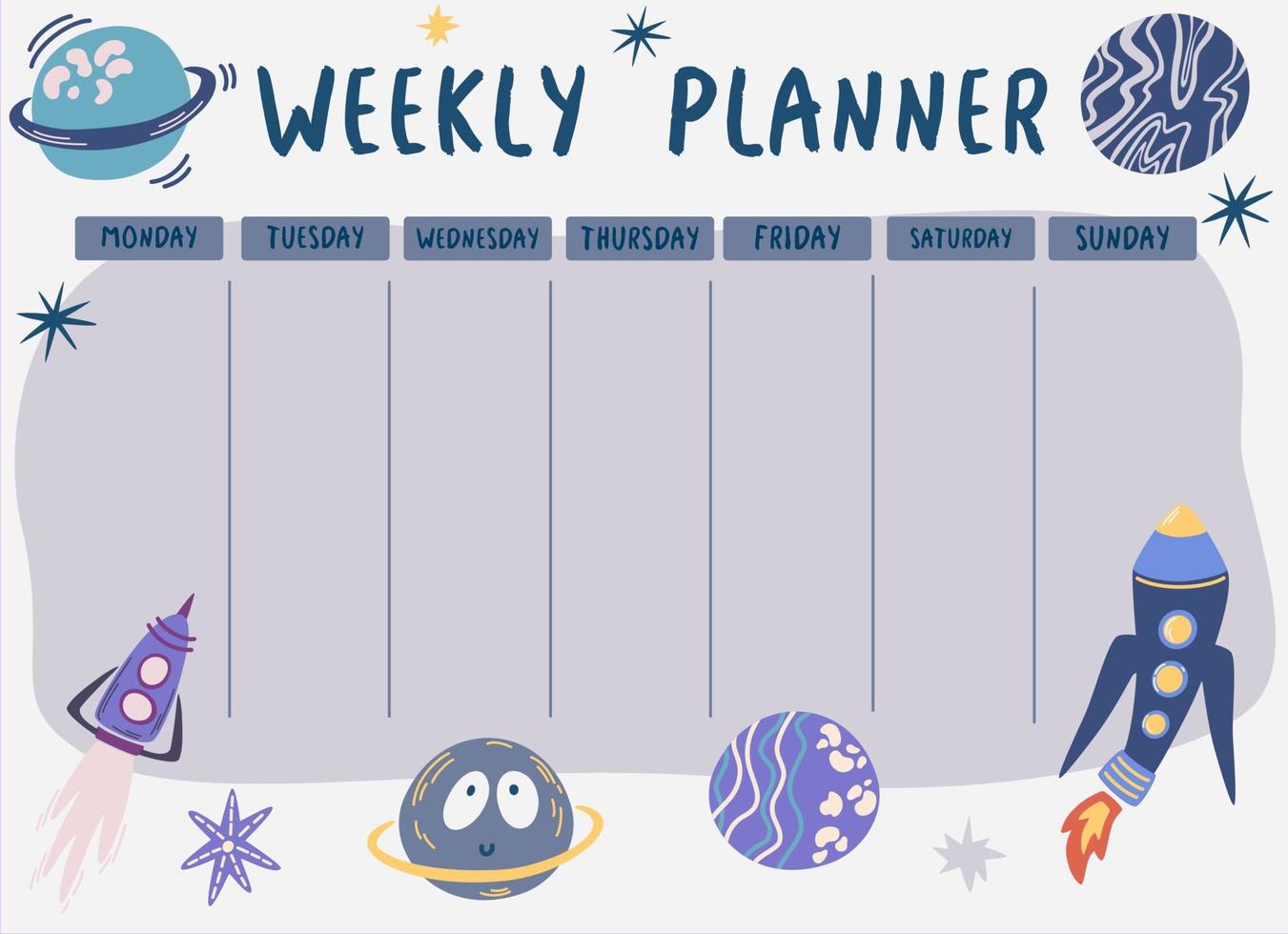 wekelijkse planner ruimte. planner met ruimteschepen en planeten. sjabloon voor plaknotities, planners, checklists, dagboek en ander briefpapier. basisschoolstudent. vectorillustratie. vector