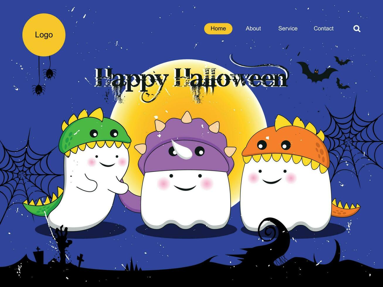 happy halloween-bestemmingspaginasjabloon met 3 schattige geesten die dinosauruskostuum dragen vector