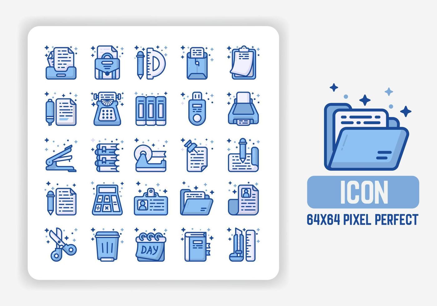 eenvoudige iconen set van kantoorapparatuur in bluetone plat ontwerp. 64x64 pixels perfect vector