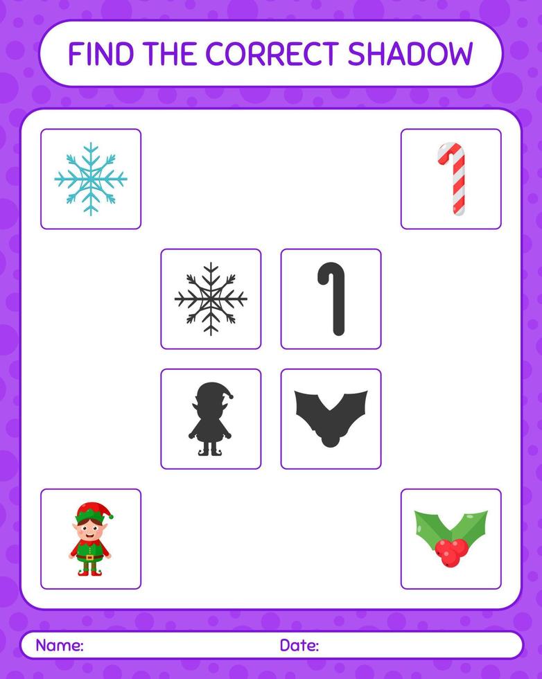 vind het juiste schaduwspel met het kerstpictogram. werkblad voor kleuters, activiteitenblad voor kinderen vector