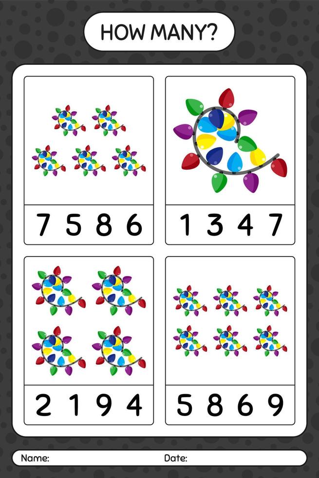 hoeveel telspel met snaarlicht. werkblad voor kleuters, activiteitenblad voor kinderen vector