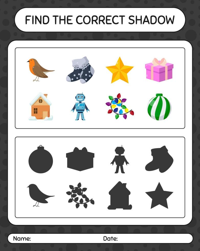 vind het juiste schaduwspel met het kerstpictogram. werkblad voor kleuters, activiteitenblad voor kinderen vector