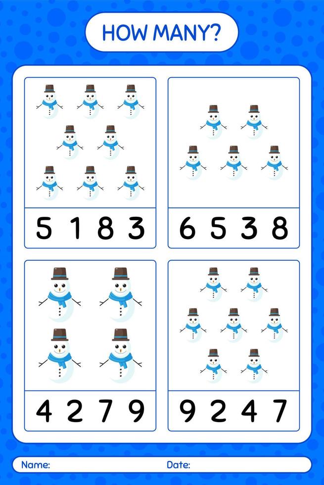 hoeveel tellen spel met sneeuwpop. werkblad voor kleuters, activiteitenblad voor kinderen vector