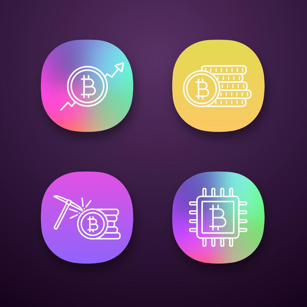 bitcoin cryptocurrency app pictogrammen instellen. ui ux-gebruikersinterface. marktgroeigrafiek, bitcoin-muntenstapel, mijnbouw, microchip. web- of mobiele applicaties. geïsoleerde vectorillustraties vector